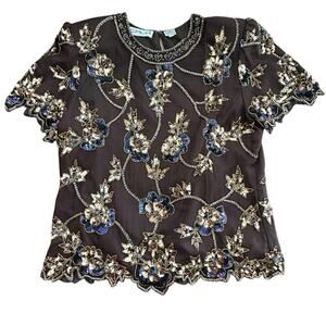 Scala Women's Black Floral 100% Silk Beaded Blouse Top Size Large